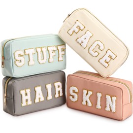 Cunno 4 Pcs Preppy Makeup Bags Chenille Letter Stuff Bag Nylon Cosmetic Pouch Cases with Zipper for Women Travel Toiletry(Light Color,Soft)