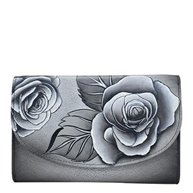 Anna by Anuschka Ladies Genuine Leather Handpainted Large Tri-Fold Checkbook Clutch Purse Romantic Rose Black One Size