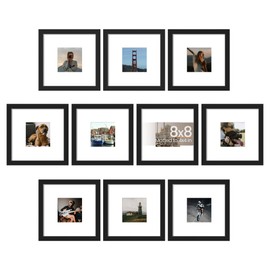 upsimples 8x8 Picture Frame Set of 10, Display Pictures 4x4 with Mat or 8x8 Without, Multi Photo Frames Collage for Wall or Tabletop Display, Black