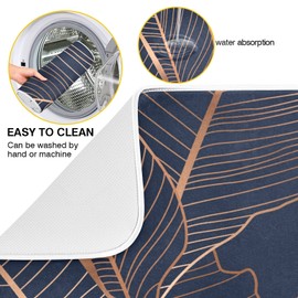 Dish Drying Mat Gold Palm Tree Leaves Navy Blue Microfiber Kitchen Dish Mat Super Absorbent Dish Drainer Mat Machine Washable Fast Drying Heat-resistant Drying Mat for Kitchen Counter, 18x24 In