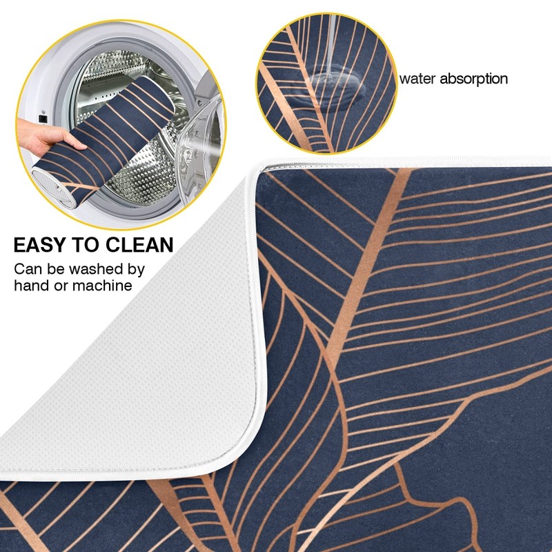 Dish Drying Mat Gold Palm Tree Leaves Navy Blue Microfiber