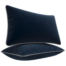 Blau Marité Decorative Velvet Throw Pillow Covers with Trim. Soft Decorative Pillow Cases. Cushion Covers. Contrast Pipping. (Navy Blue and Grey, 12"x20")
