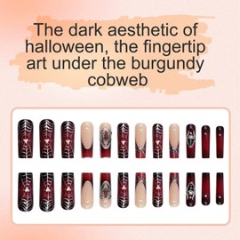 Gothic Red Press On False Nails – Handmade Long Square Nails with Spider Web Design, Jelly Glue Artificial Nails Set for Women, Elegant Touch Nail Art Set