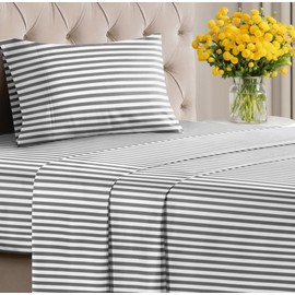 Striped Sheets - Black & White Striped Sheets - 1 Flat & 1 Fitted & 1 Pillowcase w/ Deep Pockets – Wrinkle & Fade Free - Soft, Breathable & Cooling – Luxury Pinstripe Bedding - Twin XL Size Bed Set