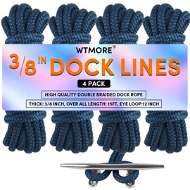 Dock Lines Boat Ropes for Docking 3/8" x15' Double Braided Mooring Marine Rope Boat Lines for Docking, Dock Lines for Boats with Loop, Boating Rope Boat Lines, Navy Blue 4 Pack
