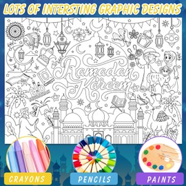 HOWAF Ramadan Mubarak Giant Colouring Poster for Kids, Ramadan Kareem Coloring Books Ramadan Mubarak Colouring Poster Eid Mubarak Colouring Poster Paper for Kids Eid Ramadan Mubarak Decorations