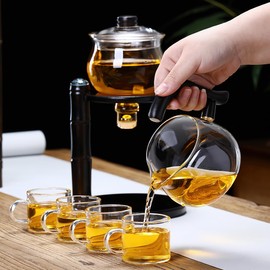 Glass Semi Automatic Tea Set，Lazy Kungfu Drip TeaPot, Magnetic Water Diversion Rotating Cover Bowl Semi-Automatic Glass Teapot，Heat Resistant Kungfu Tea Set Perfect of Holiday Gifts
