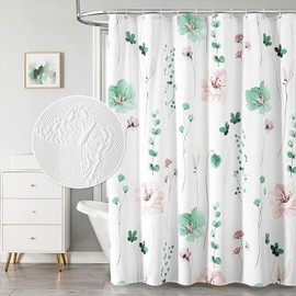 QiyI Watercolor Floral Shower Curtain, 3D Embossed Butterflies Sage Green Flower Bathroom Curtain, Minimalist White Cloth Bath Curtain, Waterproof Fabric Textured Shower Curtain Set with Hooks, 72x72