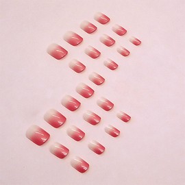 24PCS Gradient Pink Designs Press on Nails Short Square Fake Nails Pink Acrylic Full Cover False Nails Glossy French Tip Stick on Nails for Women Girls Nails Manicure Decoration