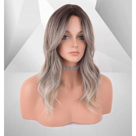 LEMEIZ Ombre Brown Hair Blonde Wigs for Women, Natural Wavy Light Blonde Synthetic Wigs, UK Middle Part Natural-Looking Wigs with Brown Roots, Ombre Wig 50.8 cm/20 inches LEMEIZ-133