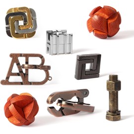 8PCS Brain Teaser Puzzles for Adults, Mind Puzzle Ancient Wooden and Metal Puzzles 3D Unlock Interlock IQ Education Puzzle Box Game for Adults