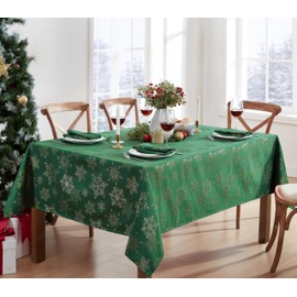 NewBridge Fancy - Mantel metálico de Navidad con copos de nieve, no necesita planchado, resistente a la suciedad, brillantes de Lurex de fácil cuidado, cuadrado de 52 x 52 pulgadas, cazador/dorado