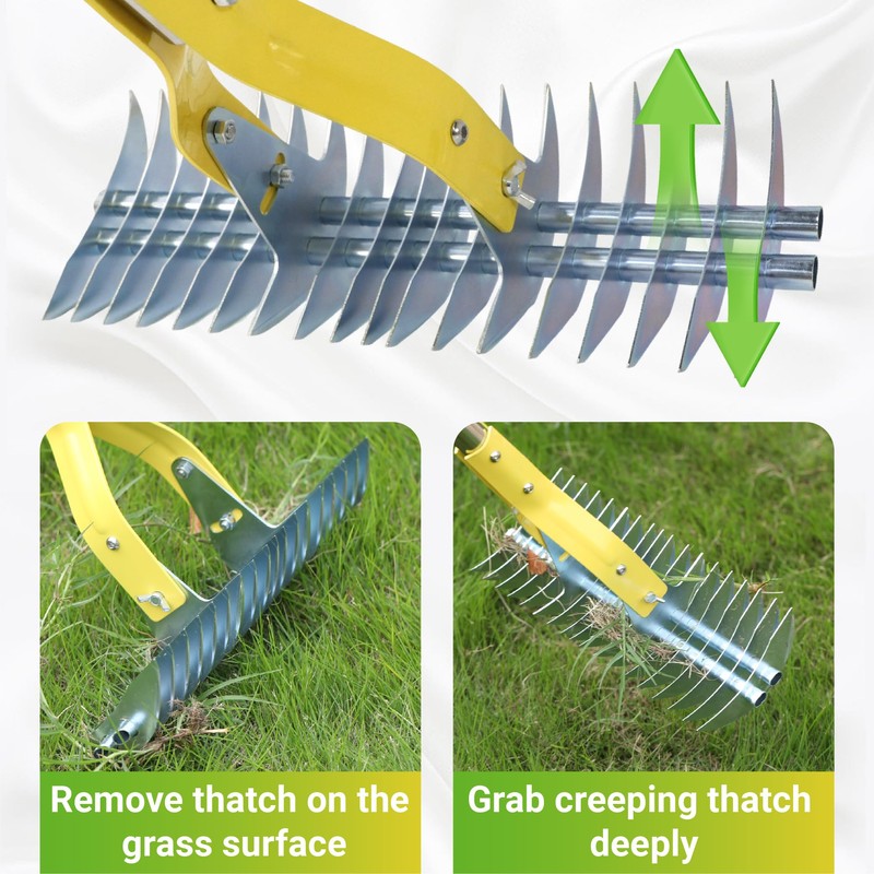 Thatch Rake for Lawn, 15 Inch Lawn Dethatcher with Dual-Edge