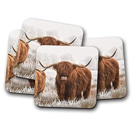 4 Set - Highland Cow Coaster - Cattle Scotland Hairy Fluffy Bull Fun #14591