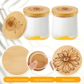 Gueevin 18 Pieces Yogurt Jar Lids Bulk Bamboo Wooden Lids Set Compatible with Oui Yogurt Jars Round Reusable with Silicone Sealing Rings Brave Flower Rose Sunflower Daisy for Kitchen Food Storage