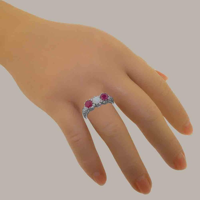 925 Sterling Silver Womens ring Natural Opal & Ruby Anniversary