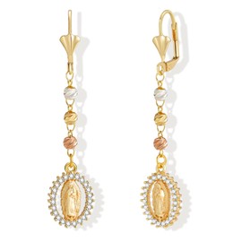 Gold Virgin Mary Dangle Earring - 14k Gold Plated Long Drop Earrings,Hypoallergenic Cubic Zirconia Golden Religious Ears Rings,Non Tarnish Virgen De Guadalupe Jewelry,Catholic Gifts for Women