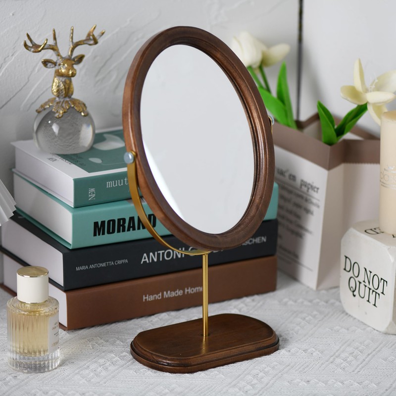 Tstarer Desk Makeup Mirror with Solid Wood,Elliptical Vanity Table Mirror
