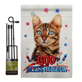Patriotic Brown Bengal Garden Flag Set with Stand Animals Cat Kitten Meow Spoiled Paw Fur Pet Nature Farm Animal Creature Small Decorative Gift Yard House Banner Double-Sided Made In USA 13 X 18.5