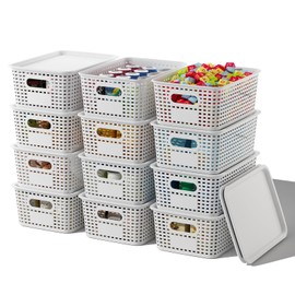 Plastic Storage Basket with Lids 12 Pack Stackable Storage Bins Containers with Lid, Decorative Storage Boxes for Organizing Shelves, Drawers, Playroom, Classroom, Office, Closet, White