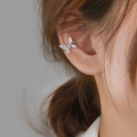 Silver Ear Cuff Earrings for Women Non Piercing Rhinestone Flower Faux Earring Cuff Earring Cuffs Non Pierced Lightweight Hypoallergenic Cartilage Earrings Fake Earrings Jewelry Gift