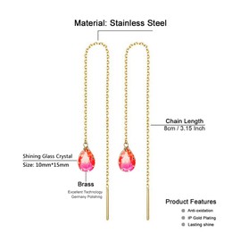 Stainless Steel Colorful Water Drop Long Chain Earrings for Women Linear Crystal Threader Earrings Jewelry,Pink