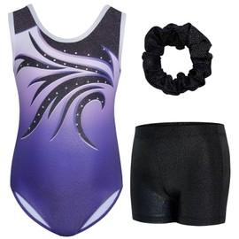 Gogokids Girls' Three-Piece Sleeveless Gymnastics Leotard Set with Shorts & Hair Tie, Kids Glitter Gymnastics Outfits with Rhinestone Accents & Crossback Design Sparkling Ballet Unitards for Age 11-12