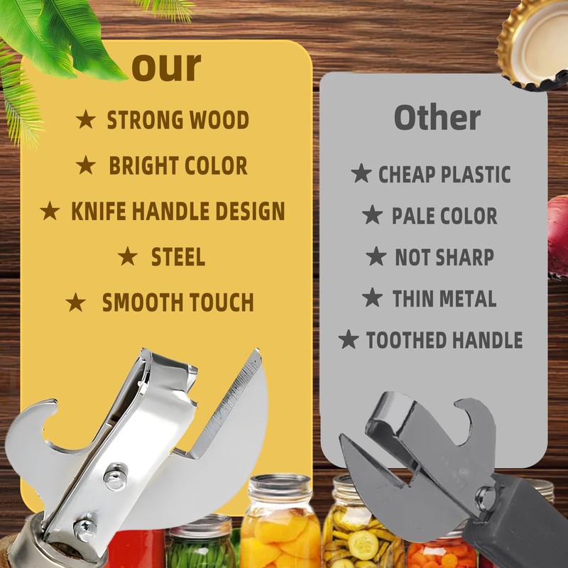 Tin Opener, Side-Cut Can Opener with Ergonomic Wood Handle, Safe
