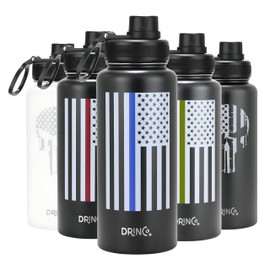 DRINCO Stainless Steel Water Bottle Spout Lid Vacuum Insulated Double Wall Water Bottle USA Flag Military Veteran (32oz Thin Red Black, 32oz)