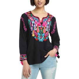 YZXDORWJ Women's Mexican Long Sleeve Blouse Embroidered Traditional V Neck Top Boho Tunic (S, 325BK)