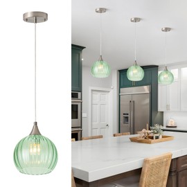 Brushed Nickel Pendant Lights Kitchen Island, Globe Pendant Light Fixtures with 8 Inch Clear Glass Shade, Modern Hanging Light Fixtures for Kitchen, Bedroom (1 Pack - Green Glass Pendant Light)