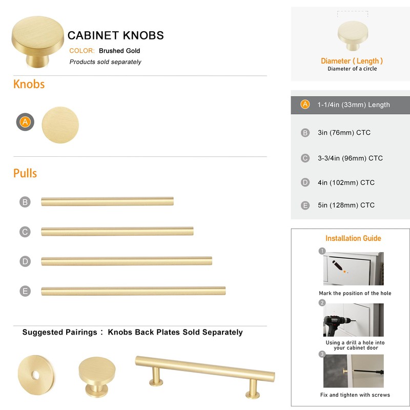 QOGRISUN 5-Pack Solid Brass Cabinet Knobs, Circular Gold Knobs for