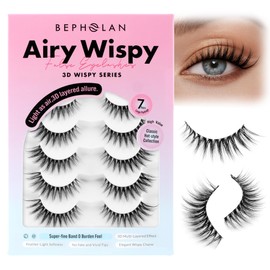 Bepholan False Eyelashes 7 Pairs Natural Look Wispy Lashes Reusable Super Thin Clear Band & Soft Fake Lashes（W06）
