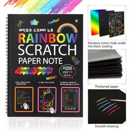 Scratch Art Books for Kids, 2 Pack Rainbow Magic Scratch Paper Black Scratch Paper, Craft Noteboards with 2 Wooden Pens, Clean Brush and 4 Drawing Stencils