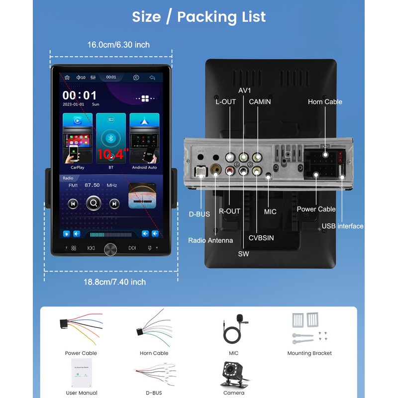10.4 Inch Car Stereo Single Din Touch Screen Wireless Carplay,