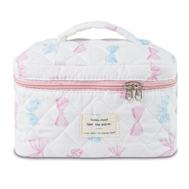 GISMTR Makeup Bag, Quilted Bow Cosmetic Bag, Large Travel Aesthetic Make up Bag, Cute Coquette Toiletry Pouch for Women Girls