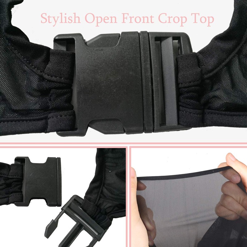 Yunison See Through Mesh Crop Rave Tops with Buckle Long