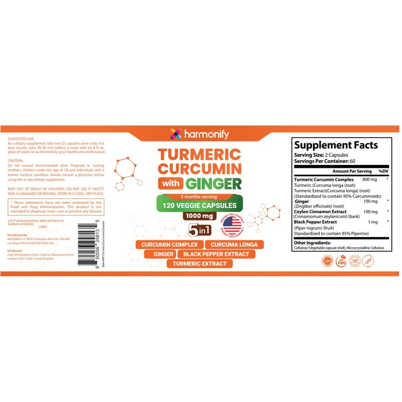 HARMONIFY Turmeric Curcumin Supplement with Ginger, Ceylon Cinnamon and Black