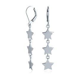 American USA Patriotic Celestial Rock Three Star Linear Drop Dangle Earrings for Women .925 Sterling Silver French Wire
