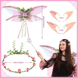 Fairy Costume Set with Fairy Butterfly Wings Floral Garland Wand Elf Ears for Renaissance Fantasy Costume Cosplay(Pink)