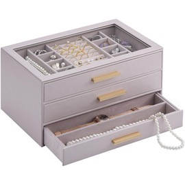 Lolalet Caja para Joyas, 3 Pisos de Estuche Organizador Guarda Porta Joyería Anillos Aretes Pulseras Collares -Morado