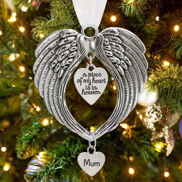 MOTONG Christmas Memorial Ornament Baubles, Angel Wings Pendants Shape ”a piece of my heart is in heaven” Two Sweet Heart Shaped Ornaments For Christmas Tree Hanging Decoration(Mum)