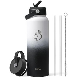 Stainless Steel Water Bottle with Straw, BUZIO Insulated Water Bottle with Straw Lid and Flex Cap 1180 ml Vacuum Cold for 48 Hrs, Hot for 24 Hrs Double Wall Wide Mouth BPA Free Leak Proof, White Black