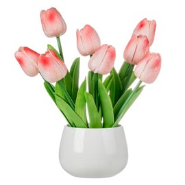 MyGift - Jarrón de cerámica Blanco con Tulipanes Artificiales realistas de Color Rosa – arreglo de Flores de tulipán sintético para decoración del hogar y la Oficina, Plantas Falsas de Mesa en Maceta