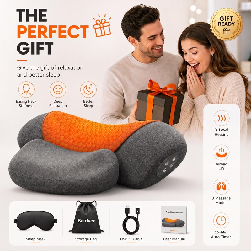 Cordless Heated Neck Massager Pillow, 3-in-1 Rechargeable Neck Stretching Device