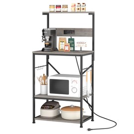 JY QAQA Kitchen Bakers Rack with Power Outlet, 4-Tier Coffee Bar Microwave Rack, Microwave Stand with 6 S-Shaped Hooks,Gray