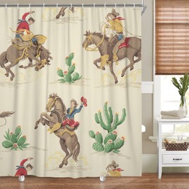 VeiVian Western Cowboy Shower Curtain, Western Cowboy Riding Horse in Wild Tropical Cactus Desert Shower Curtain for Bathroom, Fabric Polyester Farmhouse Shower Curtain 12PCS Hooks 70X70IN