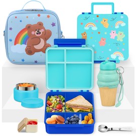 HAWEEK Lunch Box Kids with 5 Compartments, Insulated Food Jar & Utensil & Sauce Container & Lunch Bag & Silicone Collapsible Cup, Leak Proof Bento Box, BPA-Free & Dishwasher Safe-Blue