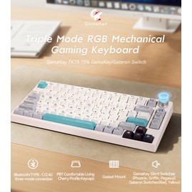 GK GAMAKAY TK75 75% Mute Mechanical Keyboard with Knob Control, Hot Swap RGB Bluetooth 5.0/2.4GHz Wireless/USB-C Wired PBT Cherry Profile Keycaps Silent Gaming Keyboard (GamaKay Pegasus Switch)