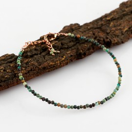 Natural Tibetan Turquoise Beads Bracelet Micro Faceted Gemstones Jewelry For Her, Birthstone Energy Healing Crystals, Rose Gold Plated Chain 8 inch (Tibetan Turquoise)